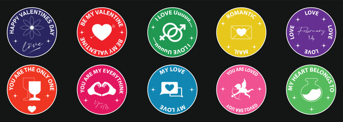 Valentine's day sticker and labels set. Retro style design for social media post, poster design, printing, pin labels, tshirt design. Sticker vintage style.flat Vector illustration.