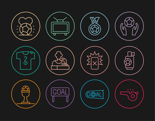Set line Whistle, Air horn, Football soccer medal, player press conference, jersey and t-shirt, Soccer football, Red card and match TV icon. Vector