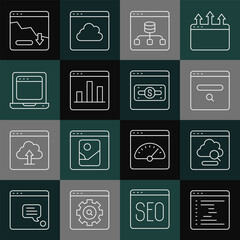 Set line Browser window, Cloud technology data transfer, Search engine, Server, Data, Graph chart infographic, Laptop with browser, Financial growth decrease and Online shopping on screen icon. Vector