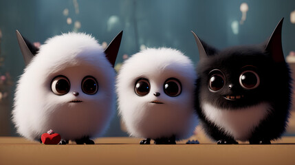 Obraz premium 3D rendered three fluffy cute happy and quirky bats, made with generative AI