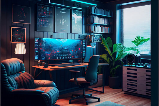 Interior of a cyberpunk colorful streaming and gaming studio for streamers | Gaming studio with modern and powerful gaming setup | Hyper realistic generated by Ai | Interior of a room | Generative ai