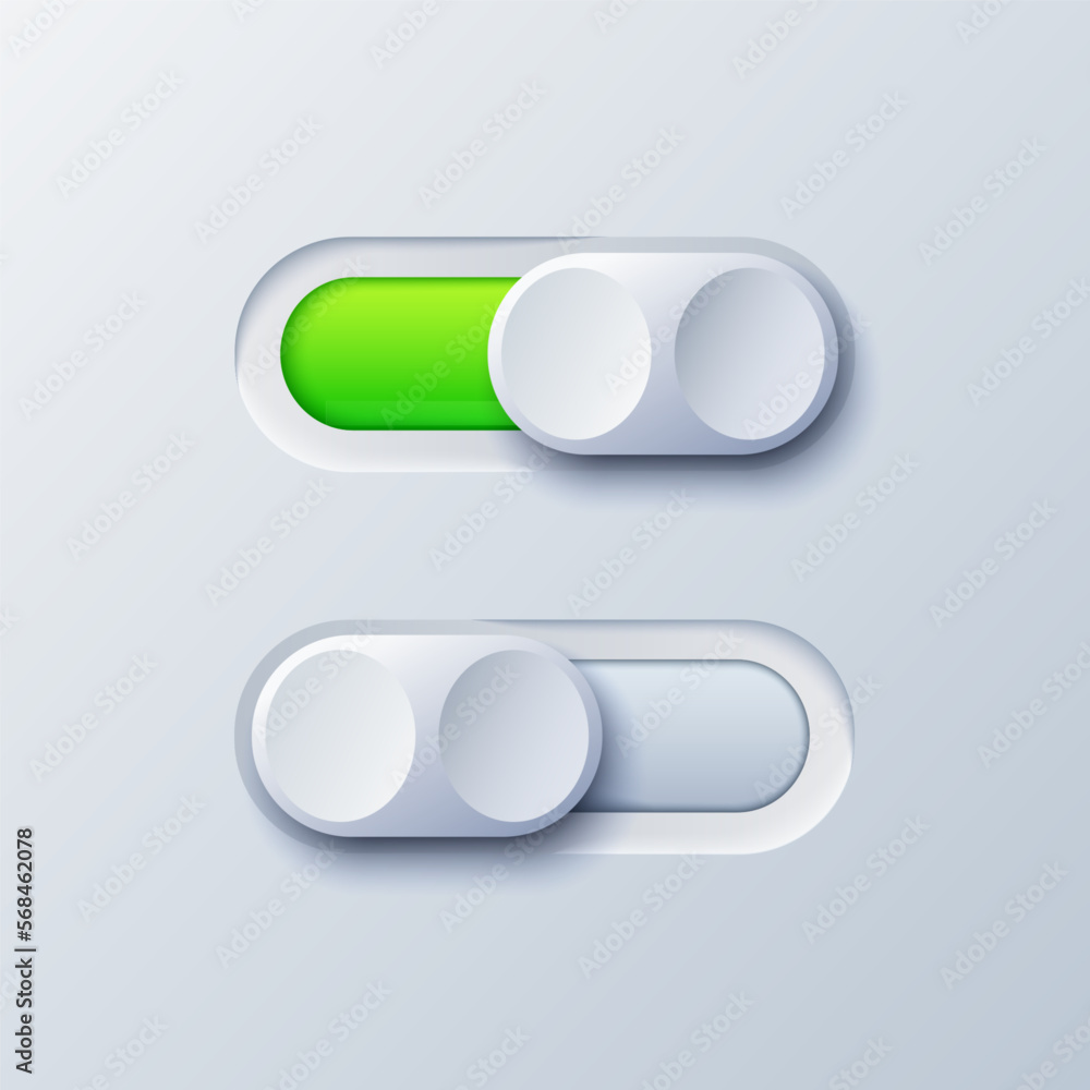 Poster realistic toggle switch buttons icon. on and off. green and gray switch interface button set with sh