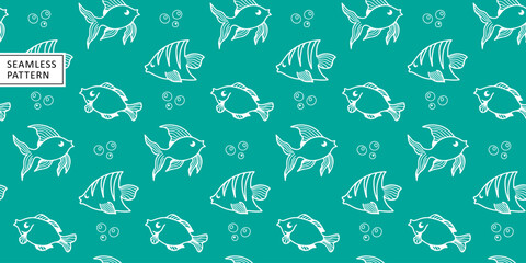 Childish cute marine seamless pattern with different types of fish and air bubbles. Pattern for children's textiles, backgrounds and wrapping paper