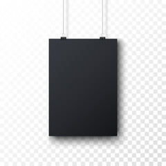 Realistic blank black paper hanging on office clip isolated on transparent background. Vertical empty A4 sheet with shadow. Show your flyers, brochures, headlines. Vector illustration