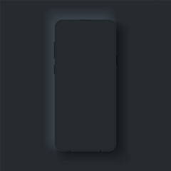 Modern mockup smartphone in neumorphic dark style. Realistic frame with dark blank display. Template design for presentation, ui, ux testing, app display, info graphics, advertising. 3d vector