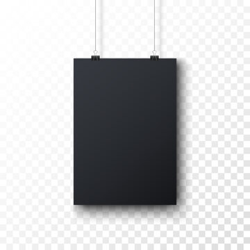 Realistic blank black paper hanging on office clip isolated on transparent background. Vertical empty A4 sheet with shadow. Show your flyers, brochures, headlines. Vector illustration