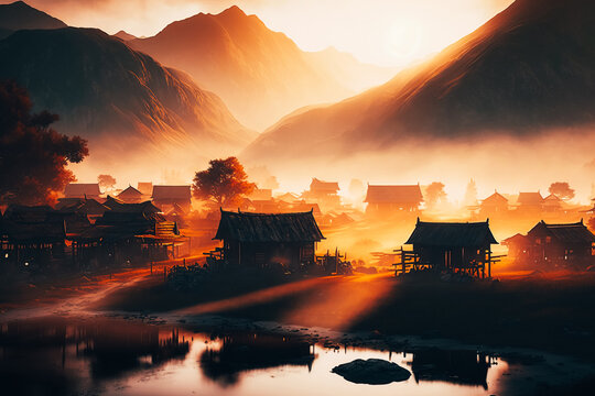 The tranquility of a remote village as the sun creeps over the mountains organized and filed