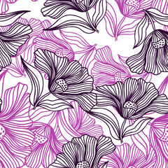 Beautiful flower line seamless pattern ornament. Floral vintage outline endless background. Retro style.