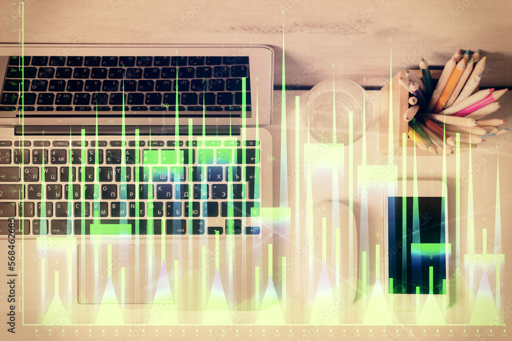 Poster Multi exposure of forex graph drawing over desktop background with computer. Concept of financial analysis. Top view.