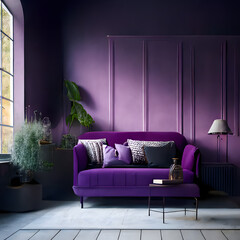 Cozy modern living room interior with purple sofa and decoration room on a purple or white wall background, Generative AI
