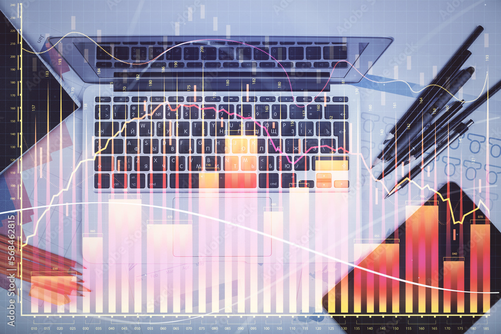Aufkleber Multi exposure of forex chart drawing over table background with computer. Concept of financial research and analysis. Top view.