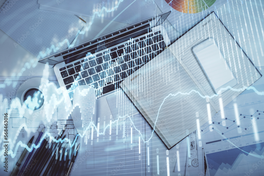 Poster Multi exposure of forex chart drawing over table background with computer. Concept of financial research and analysis. Top view.