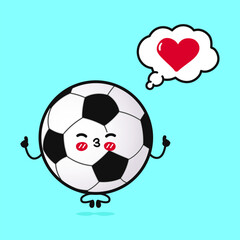 Cute funny Soccer ball doing yoga with speech bubble. Vector hand drawn cartoon kawaii character illustration icon. Isolated on blue background. Soccer ball in love character concept
