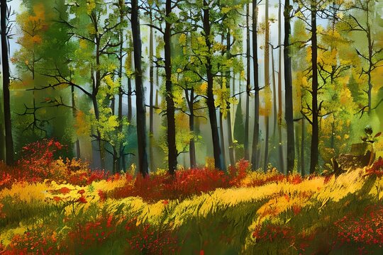 Digital watercolor painting European forest in autumn with trees and wildflowers in a landscape