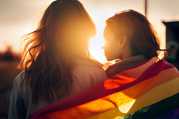 Beautiful lesbian young couple gently lovingly hugging with rainbow flag, equal rights for the lgbt community - obrazy, fototapety, plakaty