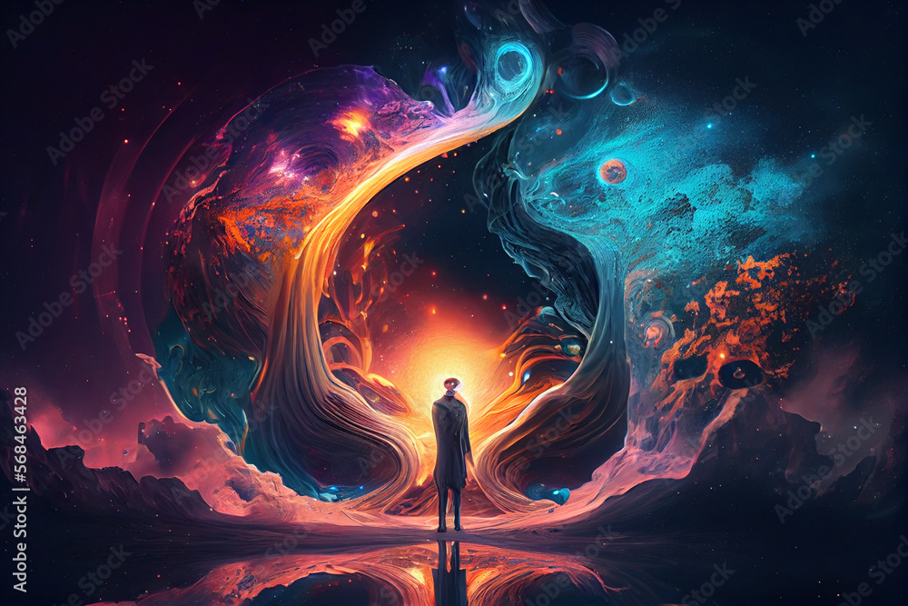 Poster universe within. human inside the universe. the concept on scientific and philosophical topics.