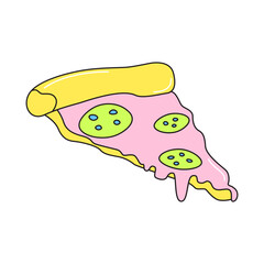 Pizza retro 90s style. Colorful vector sticker isolated on white background.