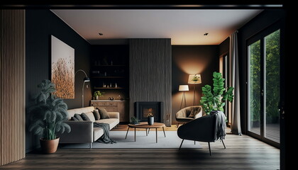 Modern home interior, sofa and fireplace