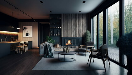 Modern home interior, fireplace in the back