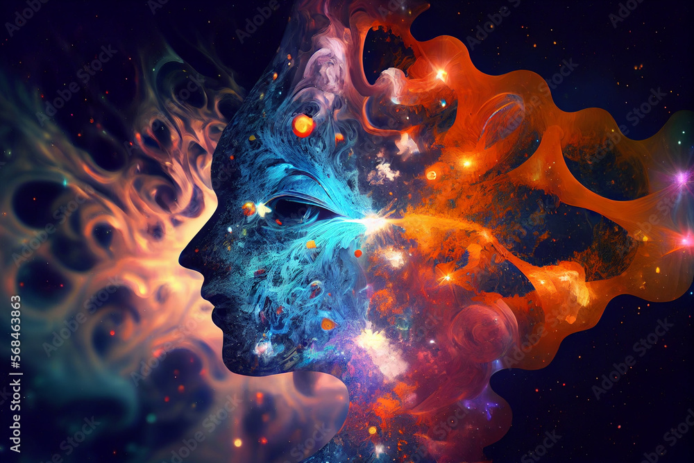 Poster universe within. human inside the universe. the concept on scientific and philosophical topics.