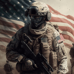 US Army soldier with us flag on the back