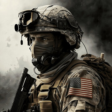 US Army soldier with a helmet in war