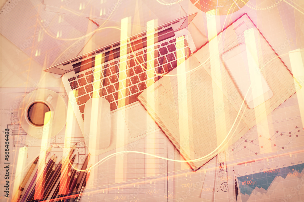 Poster Multi exposure of forex chart drawing over table background with computer. Concept of financial research and analysis. Top view.