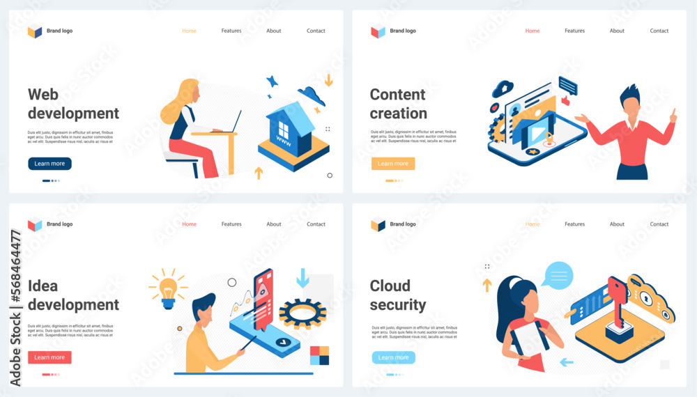 Poster web development and content creation, cloud data security set vector illustration. cartoon tiny peop
