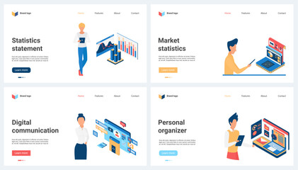 Fototapeta na wymiar Market statistics, statement and personal organiser, digital communication set vector illustration. Cartoon tiny people research financial data charts and trends, plan business projects online
