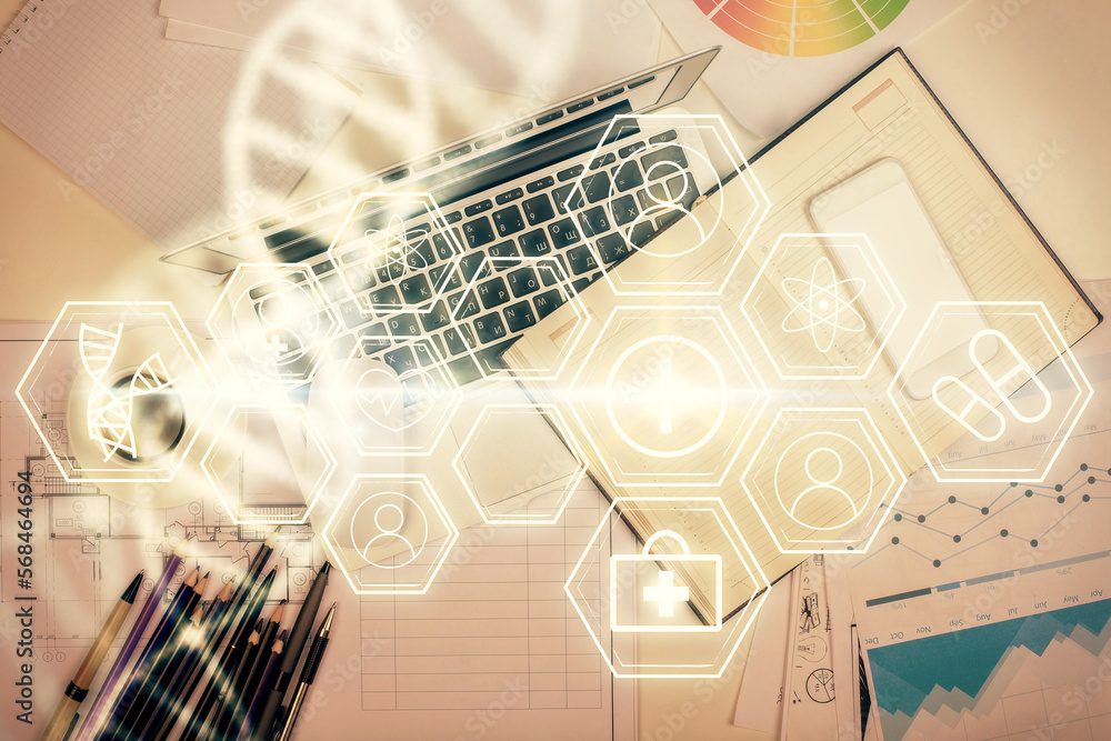 Poster dna hologram drawings over computer on the desktop background. top view. multi exposure. concept med