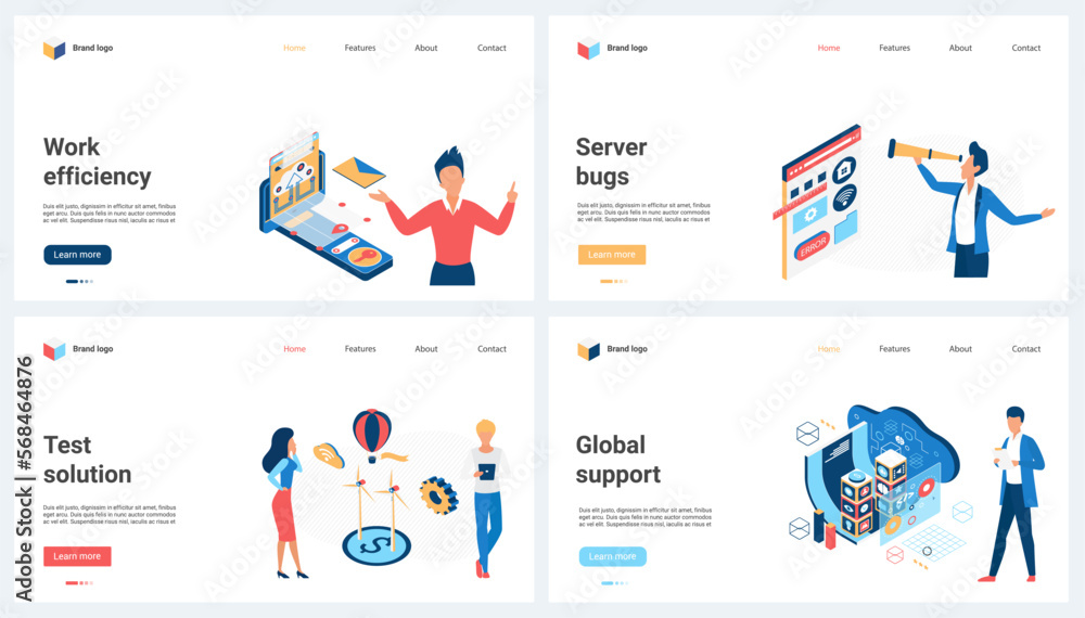 Poster efficiency of global support, server bugs test set vector illustration. cartoon tiny people fix tech