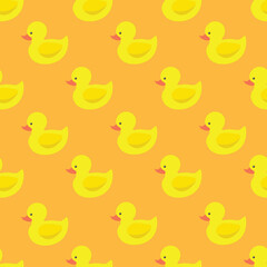 Vector seamless bright color pattern with beautiful toy ducks. Cartoon repeatable yellow background. Cute creative print.