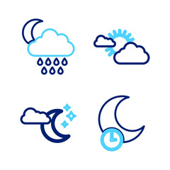 Set line Sleeping moon, Cloud with and stars, Sun cloud weather and rain icon. Vector
