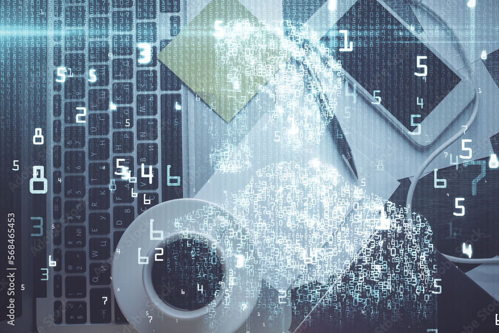 Poster Double exposure of data drawing hologram over topview of study desk background with computer. Concept of Ai.