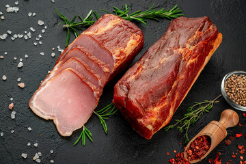 Smoked jerky on a dark background. Natural product from organic farm