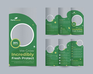 Organic Farming Tri Fold brochure template or agriculture farming brochure template vector layout, Green Environment flyer template design organic product trifold brochure template
