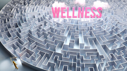 A journey to find Wellness - going through a confusing maze of obstacles and difficulties to finally reach wellness. A long and challenging path,3d illustration