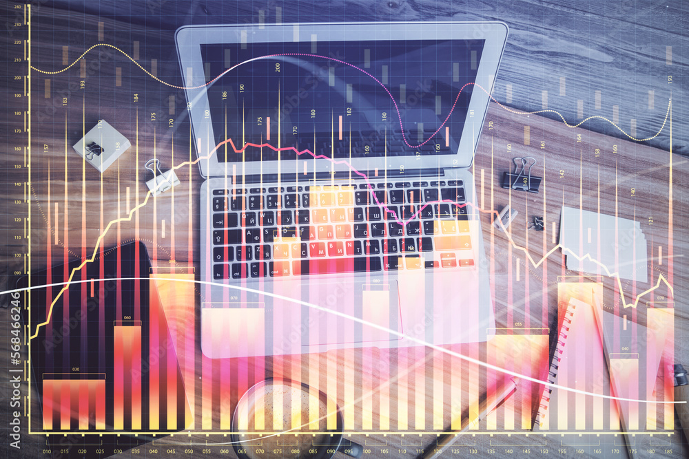 Aufkleber Double exposure of financial chart drawing over table background with computer. Concept of research and analysis. Top view.