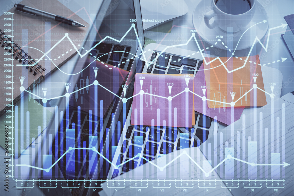 Aufkleber Multi exposure of financial chart drawing over table background with computer. Concept of research and analysis. Top view.