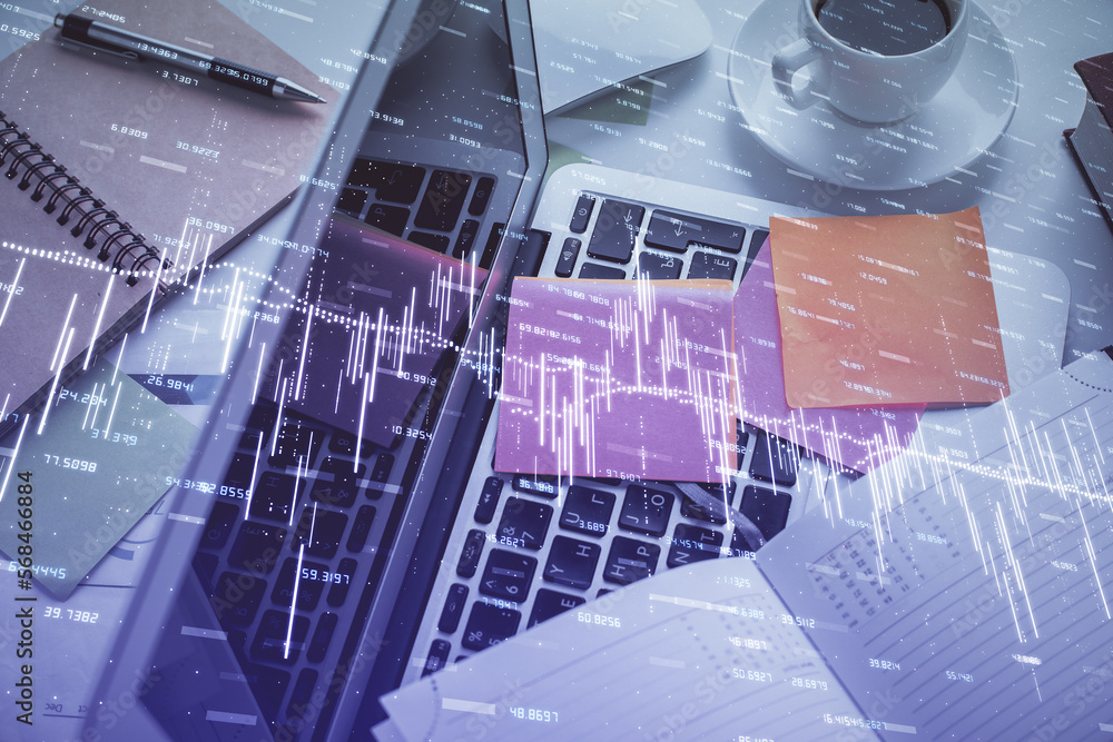 Aufkleber Multi exposure of financial chart drawing over table background with computer. Concept of research and analysis. Top view.