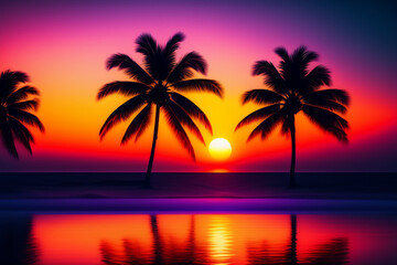 Fototapeta na wymiar Sunset on the palm beach illustration AI