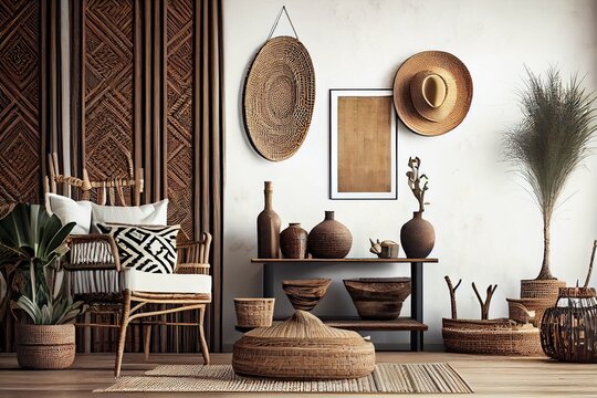 Wall mockup in rustic room with old rattan furniture and ethnic decor. 3d render, Home interior. Generative AI. Digital Art Illustration