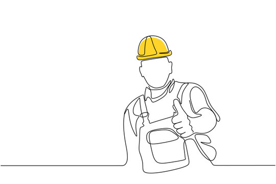 Single continuous line drawing of young construction worker. Building architecture business concept. One line draw design vector
