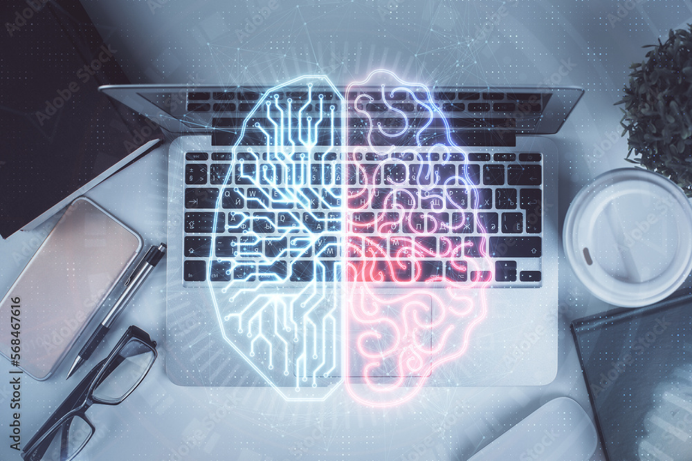 Aufkleber Multi exposure of brain sketch hologram over topview work table background with computer. Concept of big data.