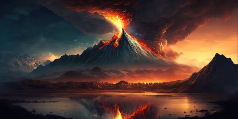 Amazing mountains erupting volcano near the river, generative artificial intelligence 