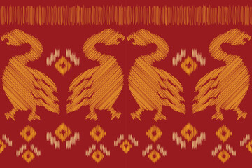 Ethnic Ikat fabric pattern geometric style.African Ikat embroidery bird Ethnic crimson red pink background. Abstract,vector,illustration.For texture,clothing,wrapping,decoration,carpet.