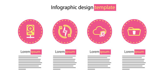 Set line Music streaming service, Delete folder, Recharging and Hard disk drive on sharing network icon. Vector