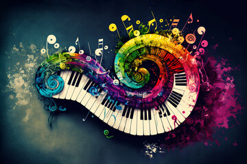 Creative music with colorful piano keyboard. Music vibes concept for concerts and festivals. Generative AI.