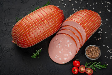 Stick of boiled sausage on a dark background.Doctor's sausage isolated on a white background. © white78