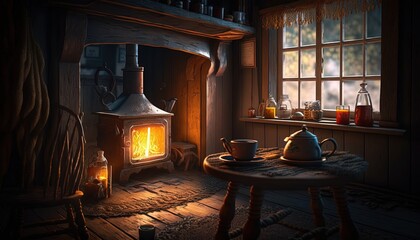 cozy cabine room, fireplace, cup of tea ,wooden, high-quality, artistic, unique, generative artificial intelligence